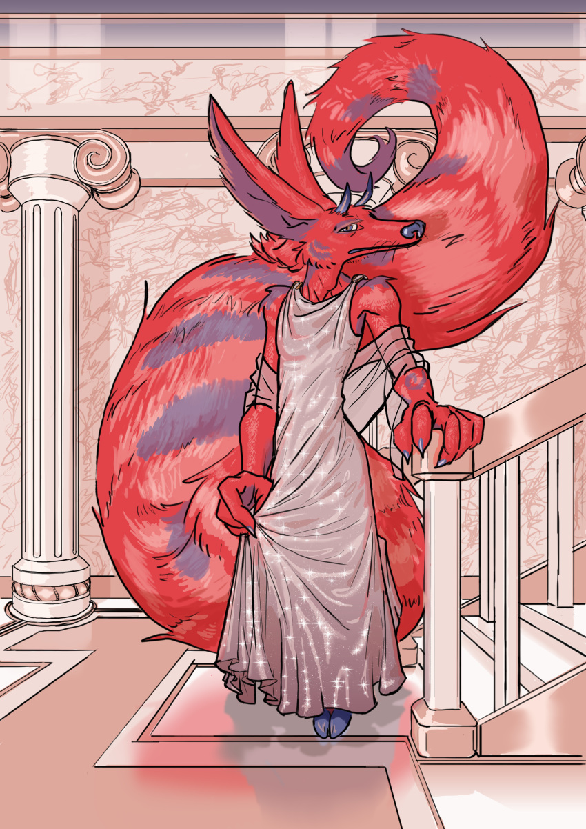 absurd_res anthro canid canine clothed clothing clothing_lift crossdressing dahbastard dress dress_lift eukaryoticprokaryote eukayoticprokaryote fashion fluffy fluffy_tail glistening hi_res hooves horn male mammal marble reflection satin silk solo sparkles