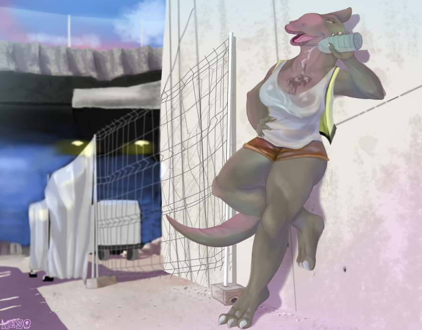 anthro city comfortable dinosaur don_bluth ducky's_mom edmontosaurus female female/female gradient_background hadrosaurid hi_res looking_pleasured ornithischian parasaurolophus reptile scalie simple_background sky solo the_land_before_time water_bottle weso wet
