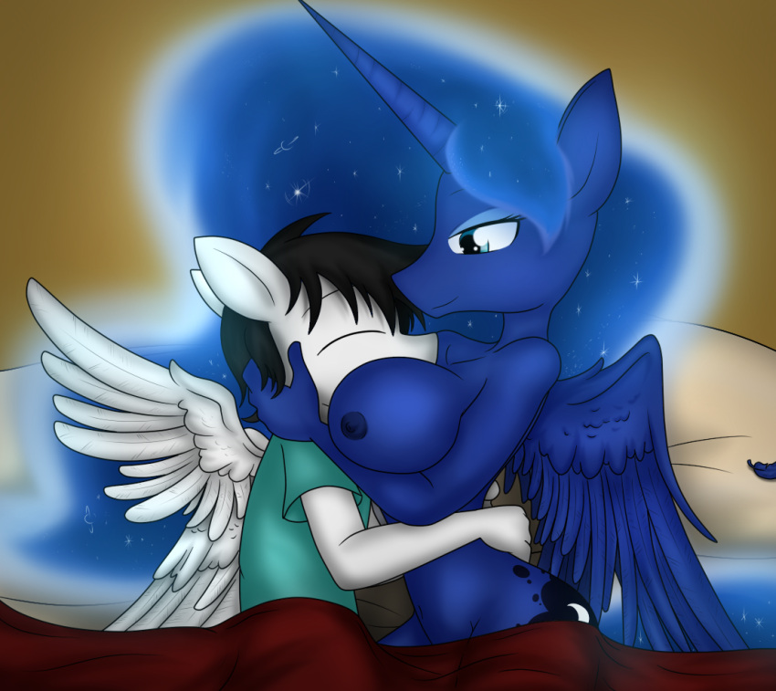 2016 anthro bed big_breasts black_hair blue_body blue_eyes blue_fur blue_hair breasts cosmic_hair curvy_figure cutie_mark digital_media_(artwork) duo equid equine ethereal_hair eyelashes eyes_closed eyeshadow face_in_breasts female fingers friendship_is_magic fur furniture hair hasbro horn horse hug huge_breasts lying makeup male male/female mammal my_little_pony navel nipples nude on_side pegasus pony princess_luna_(mlp) sandwich-anomaly simple_background smile voluptuous white_body white_fur winged_unicorn wings
