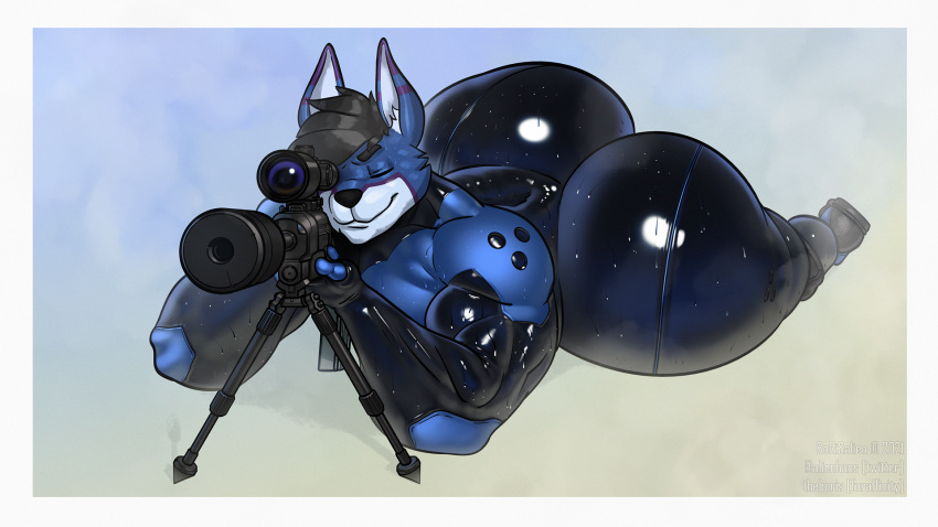 16:9 anthro big_butt borisalien butt canid canine canis girly gun hi_res himbo huge_butt lying male mammal muscular muscular_male on_front ranged_weapon solo thick_thighs weapon wide_hips widescreen wolf
