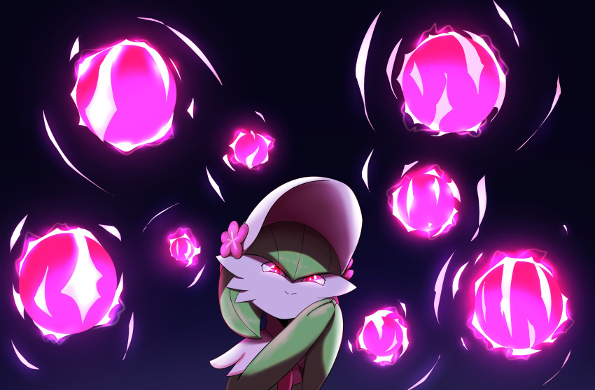 black_background clothing energy_ball fashionable_style_gardevoir female gardevoir happy headgear headwear hi_res humanoid kordcross light lighting nintendo pok&eacute;mon pok&eacute;mon_(species) pokemon_unite simple_background smile solo video_games