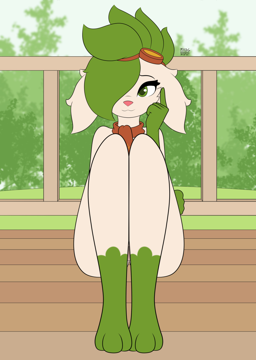 absurd_res animated anthro bedroom_eyes blush breasts eyewear female fur genitals goggles grace_mustang green_eyes green_hair hair hi_res legendary_pok&eacute;mon max_draws narrowed_eyes nintendo nipples one_eye_obstructed pok&eacute;mon pok&eacute;mon_(species) porch pussy pussy_blush scarf seductive shaymin sitting sky_forme_shaymin solo spread_legs spreading video_games white_body white_fur