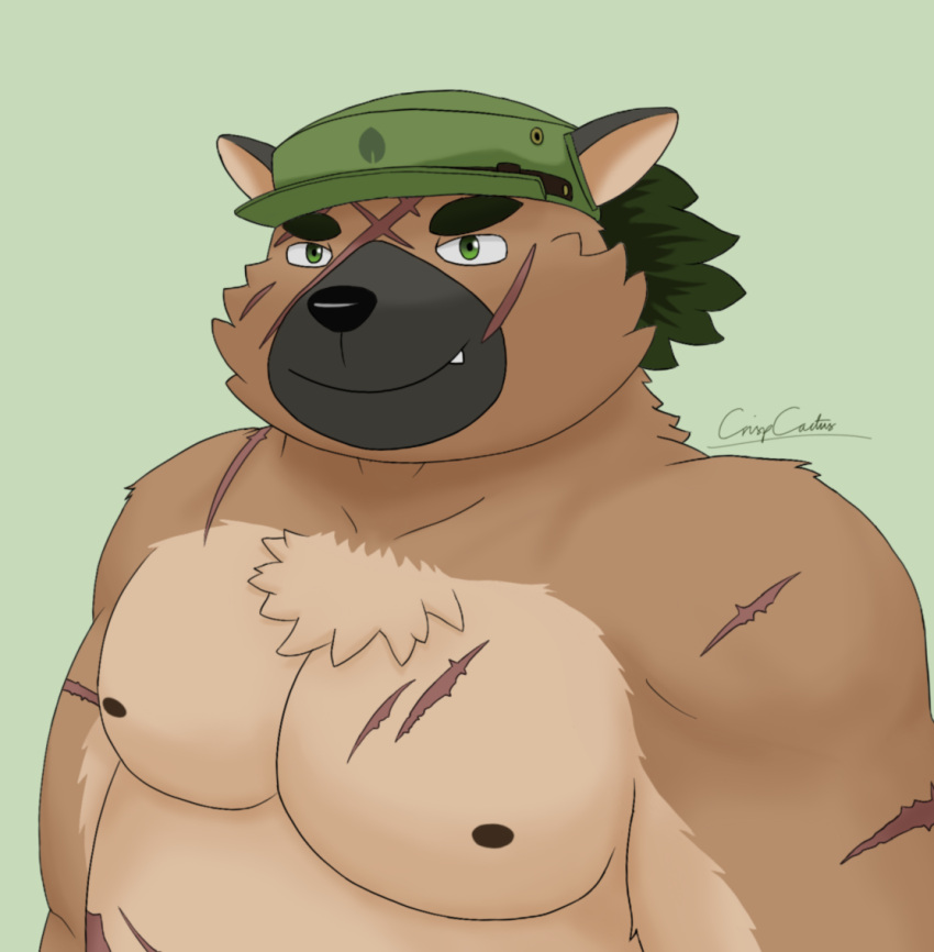 2020 anthro black_nose brown_body brown_fur canid canine canis clothing crispcactus cute_fangs domestic_dog fur hat headgear headwear male mammal moobs nipples overweight overweight_male scar solo tokyo_afterschool_summoners video_games yasuyori