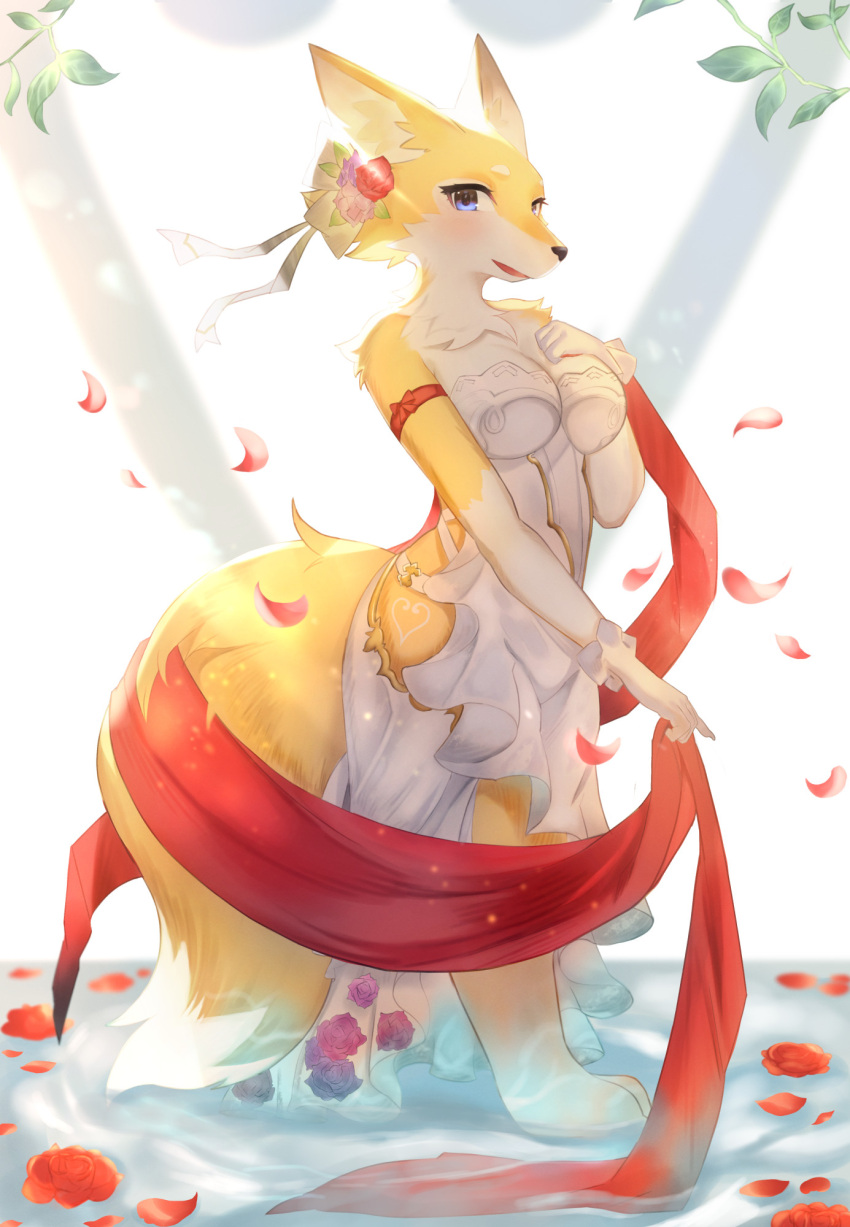 accessory anthro blue_eyes breasts canid canine cleavage clothed clothing dress female flower flower_petals fox fur hair_accessory hi_res kemono mammal nalu_ame021 neck_tuft partially_submerged paws petals plant ribbons rose_petals smile solo tuft water white_body white_fur yellow_body yellow_fur