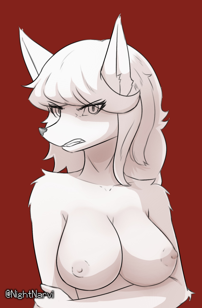 angry anthro artist_name breasts canid canine canis cyberconnect2 female flam_kish fuga:_melodies_of_steel fur hair hand_on_arm hi_res little_tail_bronx looking_at_viewer mammal nipples nude simple_background smile solo teeth vecnarvi video_games