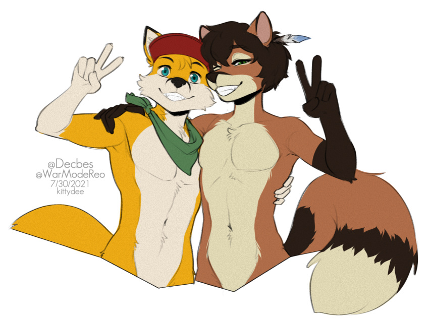 2021 5_fingers alpha_channel anthro artist_name canid canine dated digital_drawing_(artwork) digital_media_(artwork) duo eyebrows eyelashes fingers fox fur half-length_portrait kittydee male mammal navel nude portrait simple_background smile transparent_background year