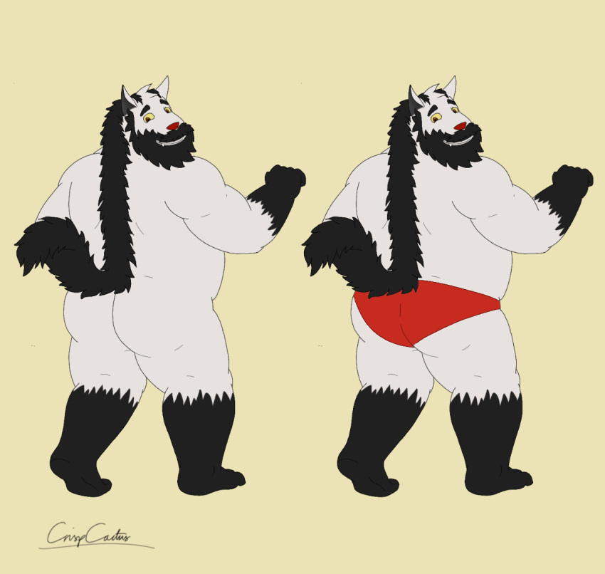 2020 anthro beard belly black_body black_fur butt canid canine clothing crispcactus facial_hair fur grey_body grey_fur hi_res humanoid_hands male mammal overweight overweight_male simple_background solo underwear