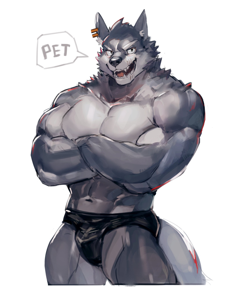 2021 abs absurd_res anthro biceps bottomwear canid canine clothing hi_res male mammal muscular muscular_anthro muscular_male neumokun pecs piercing scar simple_background solo