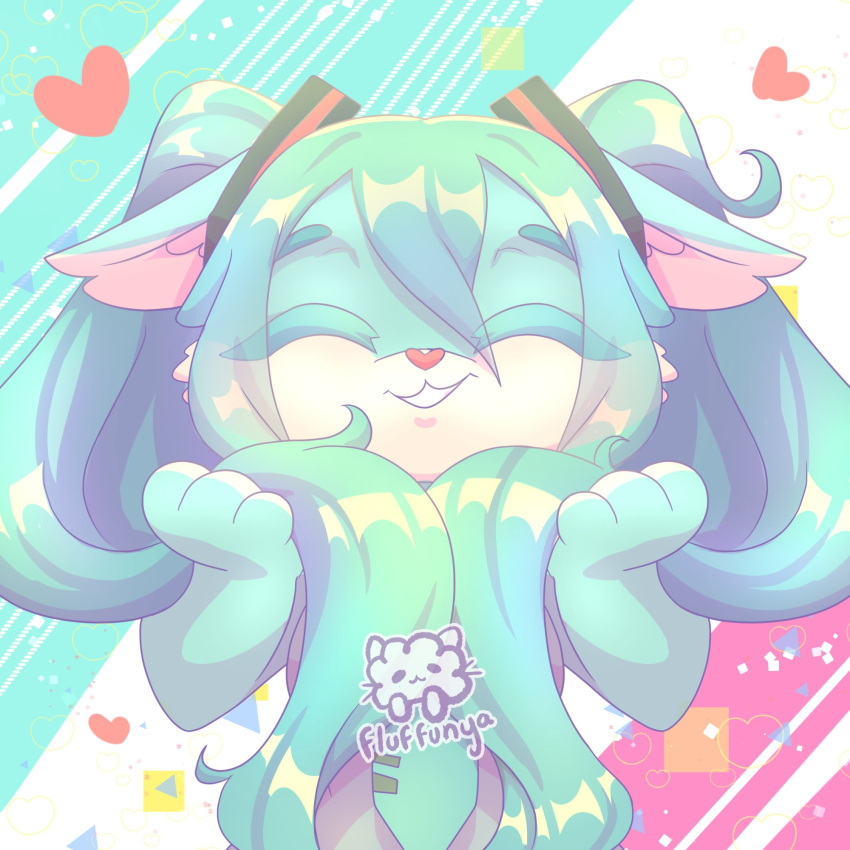 &lt;3 1:1 3_fingers accessory alternate_species anthro clothing domestic_cat eyebrows eyes_closed felid feline felis female fingers fluffunya furrification hair hair_accessory hatsune_miku hi_res holding_hair long_hair mammal necktie pigtails shirt smile solo teal_hair topwear touching_hair twintails_(hairstyle) vocaloid