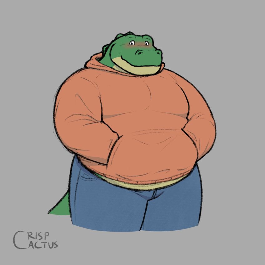 1:1 2021 alligator alligatorid anthro belly blush bottomwear clothing crispcactus crocodilian green_body hi_res hoodie male overweight overweight_male pants reptile scalie simple_background solo topwear