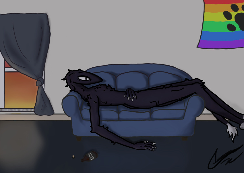 4_fingers absurd_res alcohol anthro beverage dark_body dark_fur fingers fur furniture hi_res lgbt_pride male pride_colors quiggly_(artist) signature sofa solo squellac tired