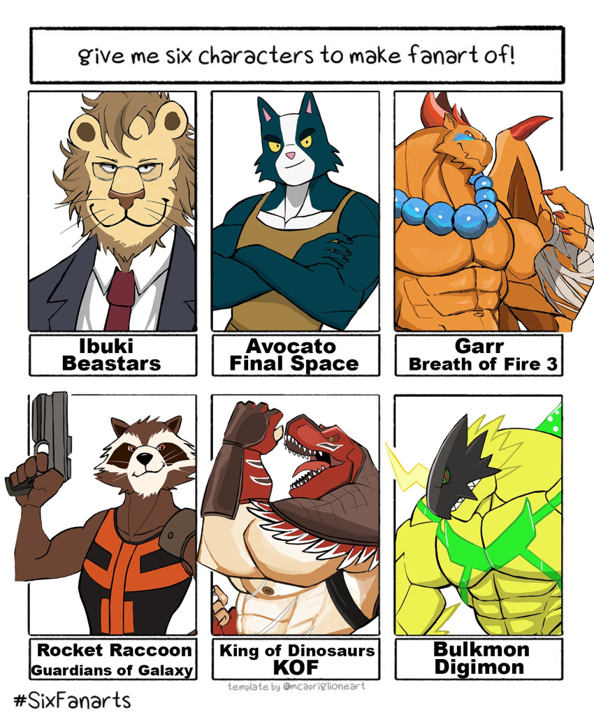 abs animal_head anthro arm_wraps avocato bandai_namco beads beastars breath_of_fire brown_body brown_fur bulkmon capcom clothing crossed_arms darknaigart digimon dinosaur domestic_cat dragon eyewear felid feline felis final_space for_a_head fur garr_(breath_of_fire) glasses group guardians_of_the_galaxy gun hi_res ibuki_(beastars) jewelry king_of_dinosaurs king_of_fighters lion male mammal marvel meme muscular muscular_anthro muscular_male necklace necktie nipples open_mouth orange_body pantherine procyonid raccoon ranged_weapon reptile rocket_raccoon scalie shirt six_fanarts_challenge suit tank_top topwear video_games weapon wings wraps yellow_body