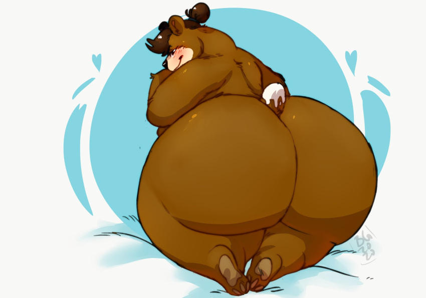 anthro big_butt blush boxgoat brown_body brown_fur brown_hair bubble_butt butt cinna_(megacoolbear) fur hair hi_res huge_butt male mammal nude obese overweight rear_view solo ursid