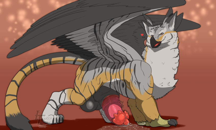 &lt;3 5:3 avian balls beak big_balls big_penis black_body black_fur bodily_fluids excessive_precum feathered_wings feathers felid feral fur genital_fluids genitals grey_body grey_feathers gryphon hi_res huge_balls huge_penis hybrid hyper hyper_genitalia hyper_penis looking_at_viewer luccatoasty male mammal muscular muscular_feral muscular_male mythological_avian mythology pantherine penis precum simple_background smile solo tiger white_body white_feathers white_fur wings yellow_body yellow_fur