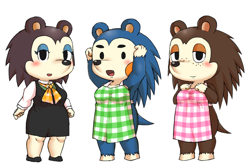 3:2 animal_crossing anthro apron apron_only clothed clothing davirook eulipotyphlan female group half-closed_eyes hedgehog hi_res labelle_able looking_at_viewer mabel_able mammal mostly_nude narrowed_eyes nintendo open_mouth raised_arms sable_able video_games