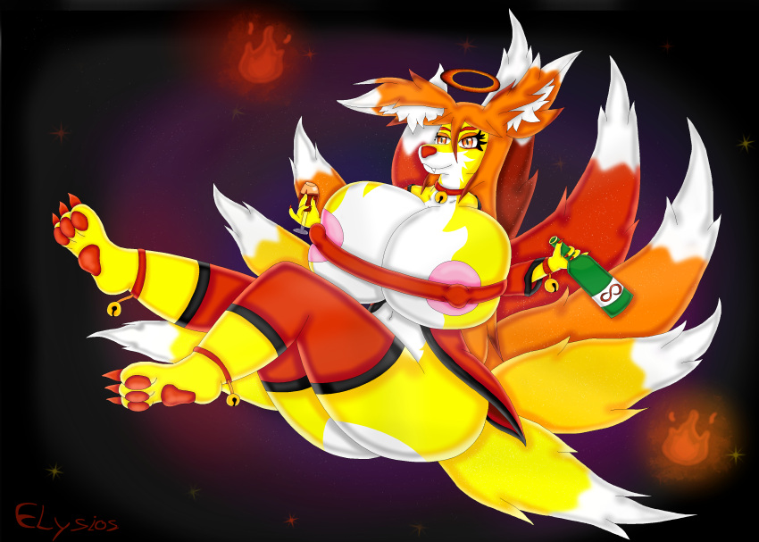 absurd_res alcohol anthro asian_mythology bell bell_collar beverage big_breasts big_butt breasts butt canid canine clothed clothing collar deity east_asian_mythology elysios female fire fox fox_spirit hair hi_res huge_breasts hyper hyper_breasts long_hair mammal mythology nipples orange_hair partially_clothed pawpads paws phylosophia_(elysios) skimpy solo thick_thighs tight_clothing