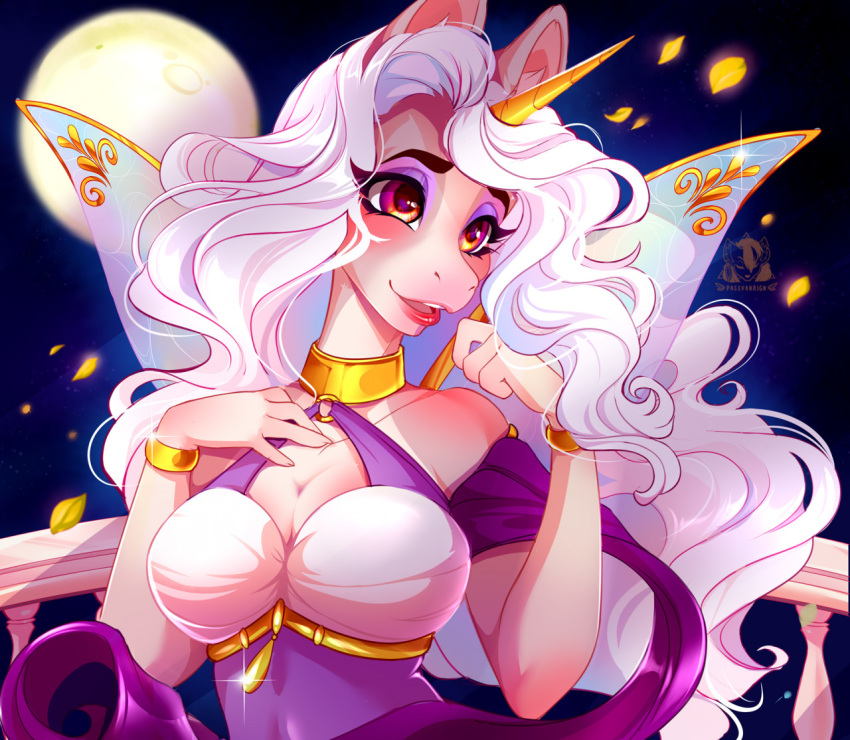 2021 breasts digital_media_(artwork) equid equine eyebrows eyelashes female hair horn mammal moon night outside pacevanrign sky smile unicorn white_hair