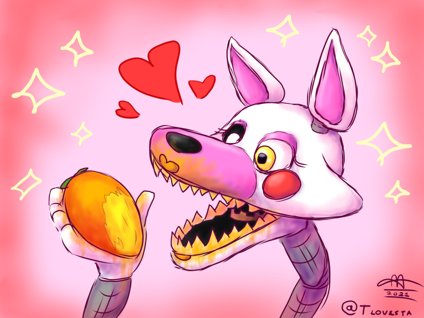 &lt;3 4:3 anthro canid canine dirty female feral five_nights_at_freddy's five_nights_at_freddy's_2 food fox fruit glowing glowing_eyes happy hi_res machine mammal mangle_(fnaf) mango_(fruit) open_mouth plant robot solo tunk_saray_lovesta video_games yellow_eyes