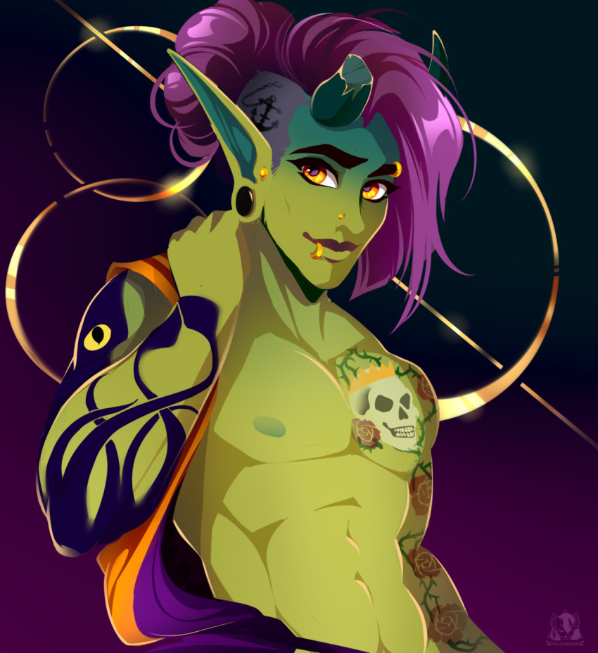 2021 abs amber_eyes digital_media_(artwork) eyebrows eyelashes green_body green_skin hair hi_res horn humanoid humanoid_pointy_ears male nipples not_furry orc pacevanrign piercing purple_hair signature simple_background solo tattoo