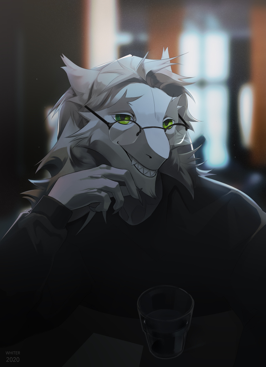 2020 absurd_res anthro black_clothing blurred_background clothed clothing eyewear fur glass glasses green_eyes hair hi_res inside looking_at_viewer male sergal smile solo teeth topwear unknowhiter white_body white_fur white_hair