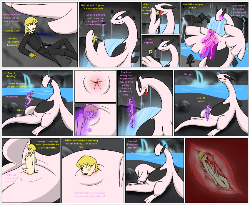 2013 anal anal_vore anus belly black_belly black_clothing black_jacket black_topwear blue_eyes blush bodily_fluids cave clothing comic cum cum_inside duo english_text erection feral feral_pred genital_fluids genitals hi_res human human_prey internal jacket legendary_pok&eacute;mon licking livinlovindude lugia magic male male/male male_pred male_prey mammal nintendo nude penis pok&eacute;mon pok&eacute;mon_(species) removed_clothing telekinesis text tongue tongue_out topwear tougue tougue_out video_games vore waterfall white_body white_skin yellow_eyes