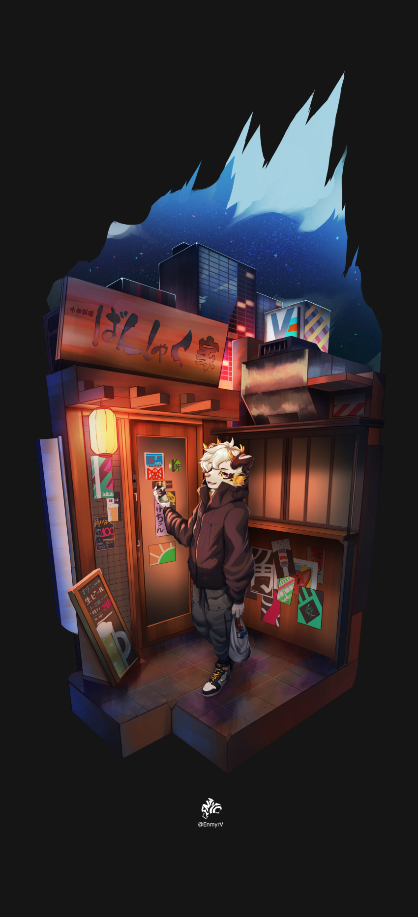 absurd_res anthro canid canine canis cervid city clothing domestic_dog enmyr footwear hi_res invalid_tag jacker japanese lantern male mammal neon night phone shoes sneakers solo street