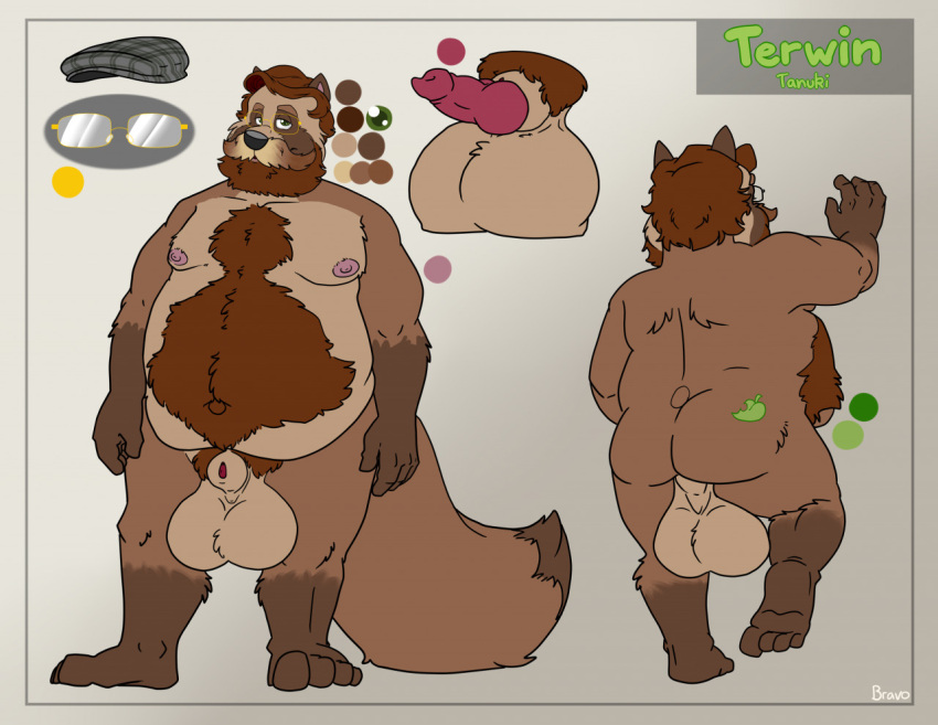 2021 anthro balls belly big_balls bravo brown_body brown_fur butt canid canine eyewear fur genitals glasses humanoid_hands male mammal mature_male model_sheet moobs nipples overweight overweight_male penis raccoon_dog solo tanuki