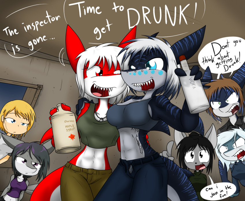 2016 abs alcohol alison_hereford anthro beverage big_breasts black_hair blonde_hair blue_body blue_eyes blue_hair blue_scales blue_stripes bottomwear breasts cleavage clothed clothing crop_top cyana_xanter denim denim_clothing detailed_background dialogue digital_media_(artwork) domestic_cat english_text eyelashes facial_piercing felid feline felis female fingers fish fur green_eyes grey_body grey_fur grey_scales group hair huge_breasts human jade_(canasharka) jax_valkyr jeans jewelry lir_azoirus mammal maple_syrup marine multicolored_body multicolored_hair multicolored_scales muscular muscular_anthro muscular_female navel necklace nika_sharkeh nose_piercing pants piercing purple_eyes purple_hair red_body red_eyes red_scales sandwich-anomaly scales scar shark sharp_teeth shirt simple_eyes smile standing striped_body striped_scales stripes syrup tan_body tan_skin tank_top tattoo teal_eyes teeth text tongue topwear vanessa_(sandwich-anomaly) vodka white_body white_hair white_scales