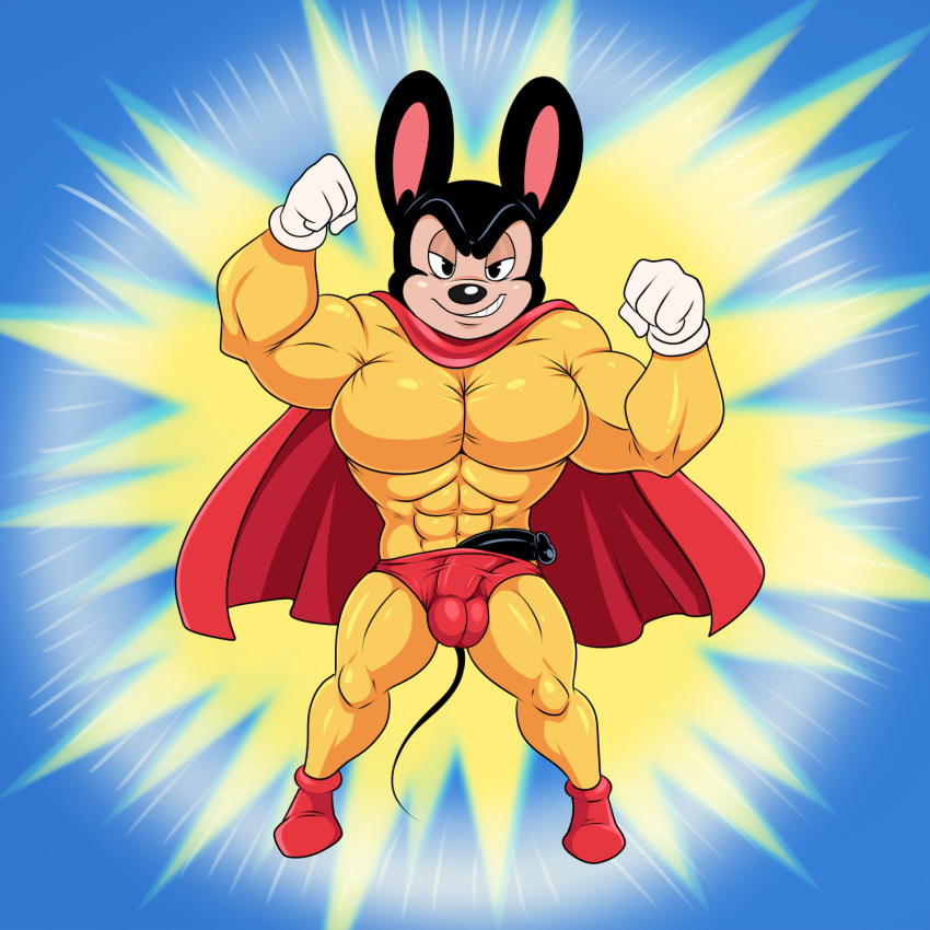 1:1 2020 anthro balls clothing genitals gloves handwear hi_res lonbluewolf male mammal mighty_mouse mighty_mouse_(character) mouse murid murine muscular muscular_male penis poking_out rodent solo superhero tight_clothing