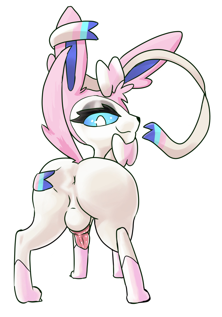 absurd_res anus balls butt eeveelution feral fluorite genitals hi_res knot looking_at_viewer male nintendo penis pok&eacute;mon pok&eacute;mon_(species) presenting presenting_hindquarters rear_view ribbons simple_background solo spread_butt spreading sylveon video_games white_background