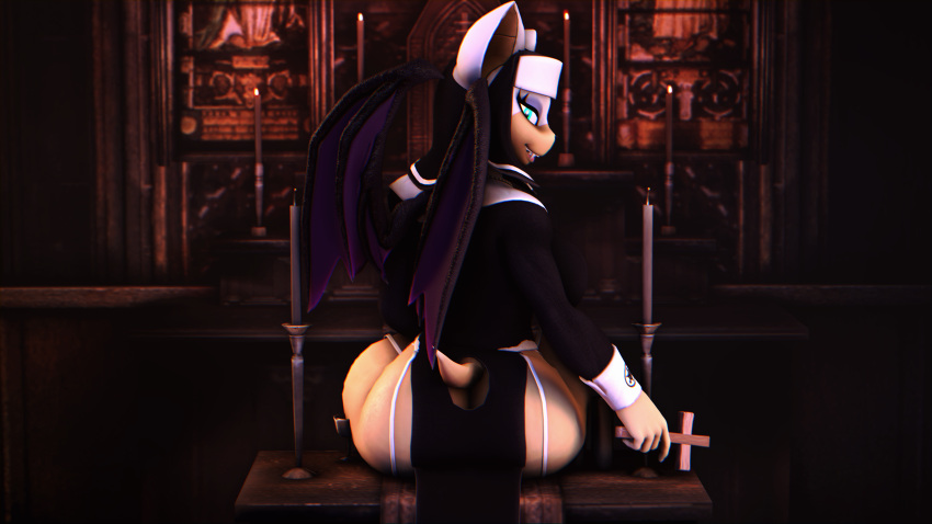 16:9 3d_(artwork) 4k absurd_res anthro breasts chiropteran church clothing digital_media_(artwork) female garter_belt garter_straps hi_res humanoid looking_at_viewer mammal nun nun_outfit panties rouge_the_bat saygoodbye-sfm sega solo sonic_the_hedgehog_(series) underwear wide_hips widescreen