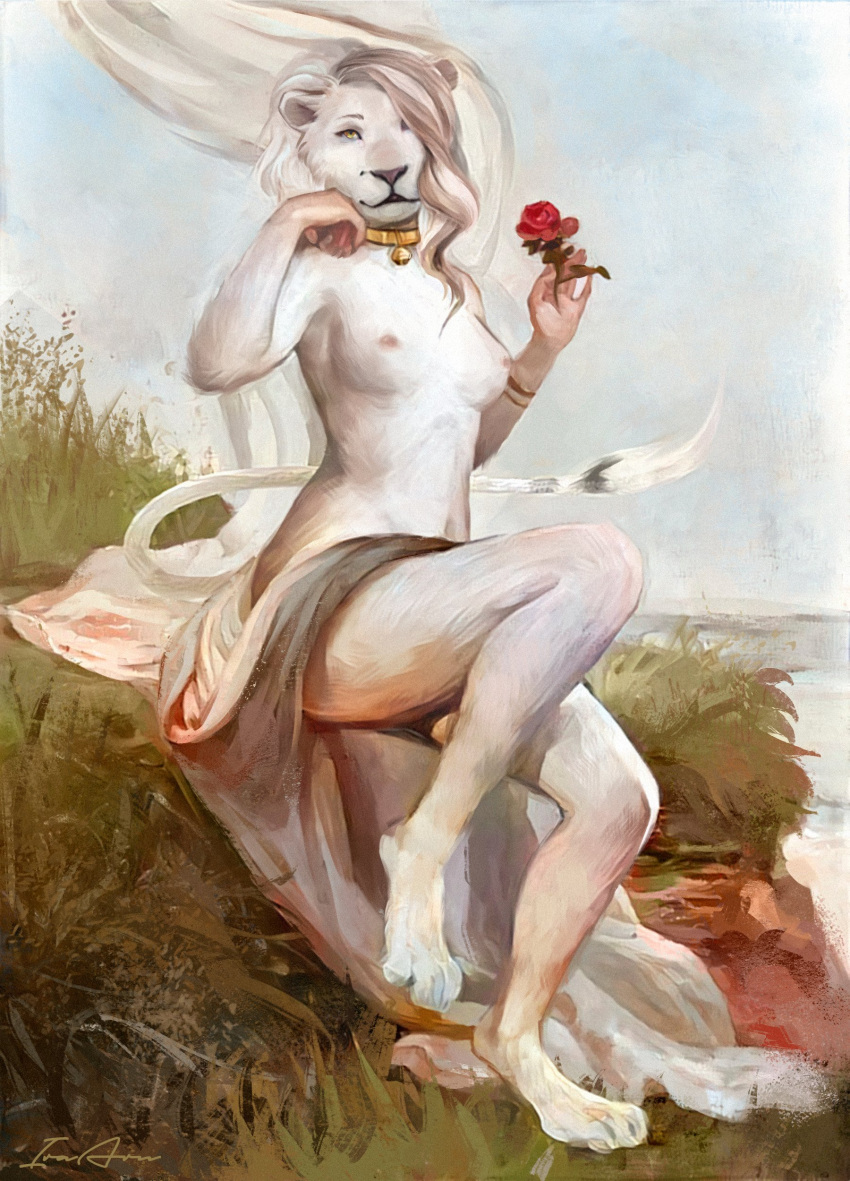 2020 absurd_res anthro bell bell_collar biped breasts collar detailed_background eyebrows felid female flower fur grass hair hair_over_eye hi_res holding_flower holding_object ira-arn lion long_hair mammal nipples one_eye_obstructed outside pantherine plant sitting sky solo white_body white_fur
