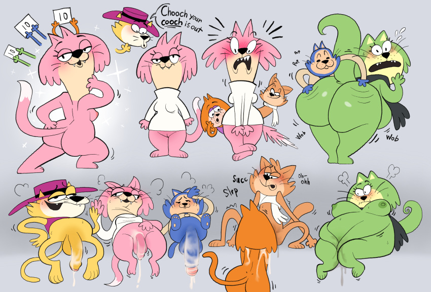 absurd_res anthro areola balls benny_the_ball blush bodily_fluids bottomless brain_(top_cat) breasts butt choo-choo_(top_cat) clothed clothing english_text eyelashes fancy-fancy_(top_cat) feet fellatio female fondling_butt genital_fluids genitals group gynomorph hanna-barbera hat headgear headwear hi_res intersex jellystone_(hbo_max) kaboozey male male/female nipples nude oral partially_clothed penile penis pussy_juice scarf sex shirt spook_(top_cat) sweat text top_cat top_cat_(series) topwear trans_(lore)