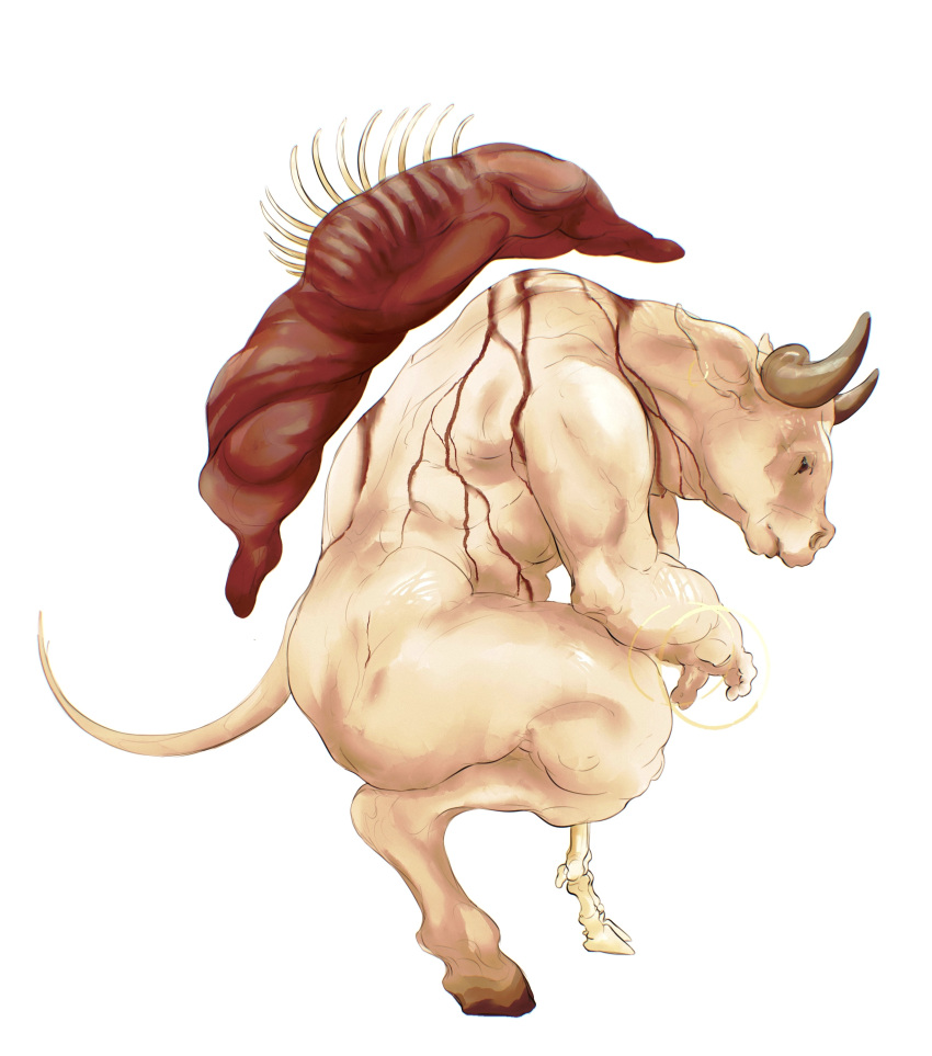 absurd_res anthro blood bodily_fluids bone bovid bovine cattle digital_media_(artwork) food gore hi_res horn in_need_of_a_hospital male mammal meat molvno muscular nude simple_background solo