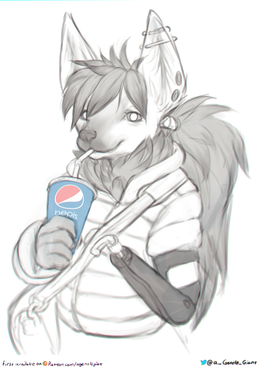 absurd_res anthro bepis canid canine clothing drinking ear_piercing female flesh_tunnel gauged_ear greyscale hair hi_res industrial_piercing jacket lillith_toa_idril mammal maned_wolf monochrome neck_tuft piercing prosthetic prosthetic_arm prosthetic_limb shoulder_bag solo straw the_gentle_giant tied_hair topwear tuft