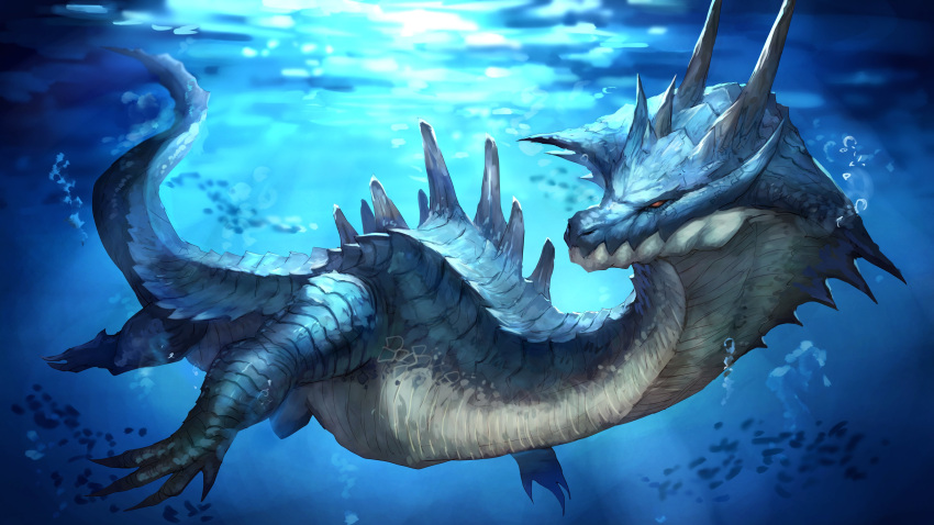 16:9 4k absurd_res ambiguous_gender blue_background blue_body blue_scales bubble capcom claws countershade_torso countershading feral finger_claws hi_res lagiacrus leviathan_(mh) long_neck long_tail long_torso monster_hunter red_eyes scales scalie sea_monster shaded shiburingaru321 simple_background solo spikes spikes_(anatomy) swimming toe_claws underwater video_games water white_body white_countershading widescreen