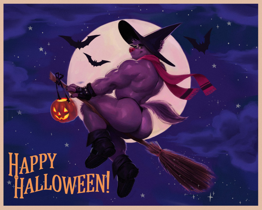 anthro big_butt boots bottomwear broom broom_riding butt canid canine canis chiropteran cleaning_tool clothing cloud dirtyyeen fingerless_gloves food footwear fruit gloves halloween handwear hat headgear headwear hi_res holidays jack-o'-lantern male mammal moon mostly_nude muscular muscular_anthro muscular_male night plant pumpkin purple_body red_nose scarf shoegaze. smile solo star thong underwear witch_hat wolf