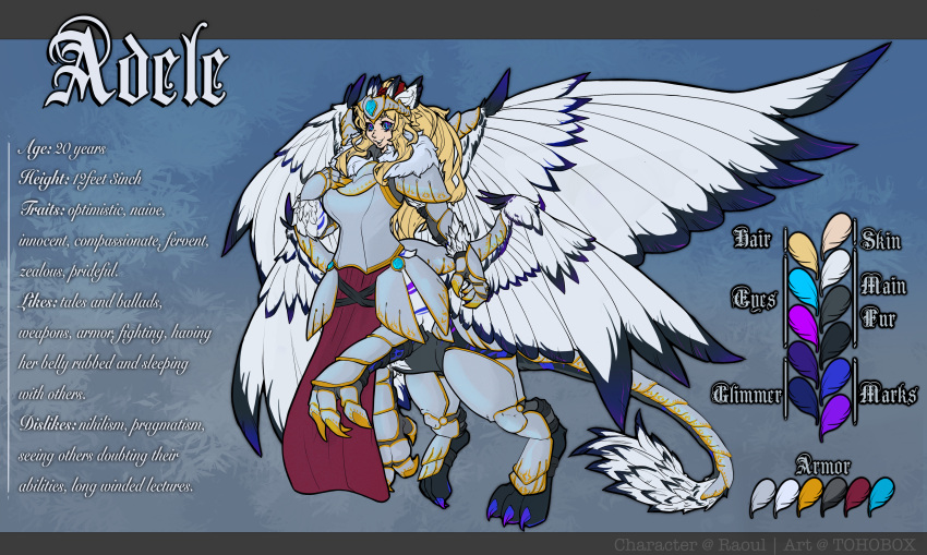 4_wings absurd_res armor avian blonde_hair english_text female fluffy fluffy_tail fur gryphon hair hi_res hybrid knight model_sheet multi_wing mythological_avian mythology paladin solo taur text warrior white_body white_fur wings
