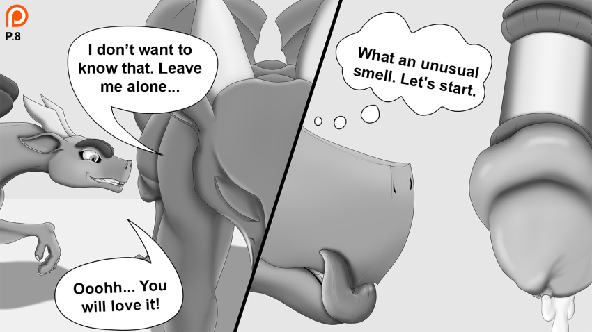16:9 2021 4_fingers animal_genitalia animal_penis anticipation black_and_white bodily_fluids claws comic dialogue digital_media_(artwork) dragon duo ears_back english_text eyes_closed finger_claws fingers genital_fluids genitals greyscale hi_res horn invalid_tag male male/male mammal manfromearth membrane_(anatomy) membranous_wings monochrome multicolored_body nude paws penetrable_sex_toy penis pivoted_ears precum sad scalie sex_toy simple_background smile standing text tongue tongue_out two_tone_body western_dragon widescreen wings