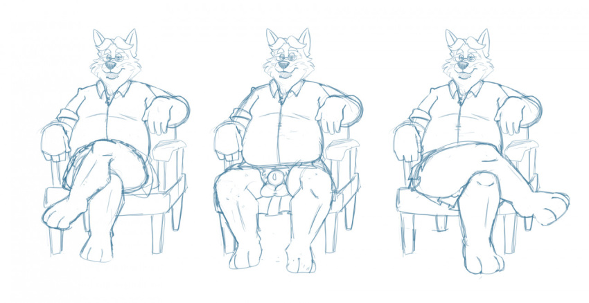 2020 anthro balls belly bravo canid canine chair clothing disney fox furniture genitals gideon_grey humanoid_hands male mammal overweight overweight_male penis shirt simple_background sitting sketch solo topwear white_background zootopia