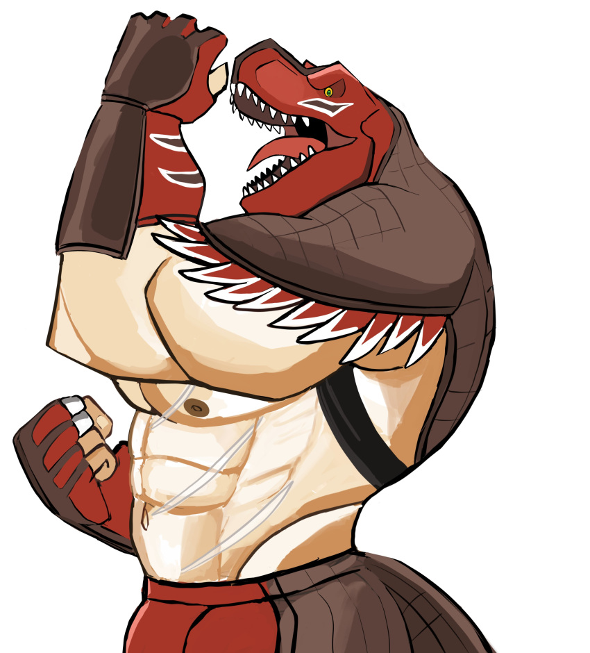 2021 abs absurd_res animal_head anthro big_muscles bottomwear clothing darknaigart dinosaur fingerless_gloves fist for_a_head gloves handwear hi_res king_of_dinosaurs king_of_fighters male muscular muscular_anthro muscular_male navel nipples open_mouth pants pecs reptile scalie scar sharp_teeth side_view simple_background snk solo standing teeth tongue video_games white_background