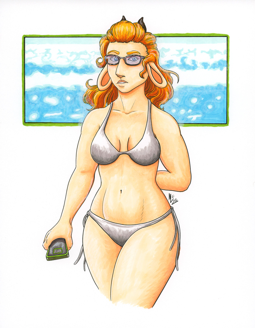 anthro bikini bovid caprine clothing curvaceous curvy_figure goat grace_mccray_(revy_lagoon) hair hi_res humanoid_face lips mammal pinup pose red_hair revy_lagoon solo swimwear thick_thighs voluptuous