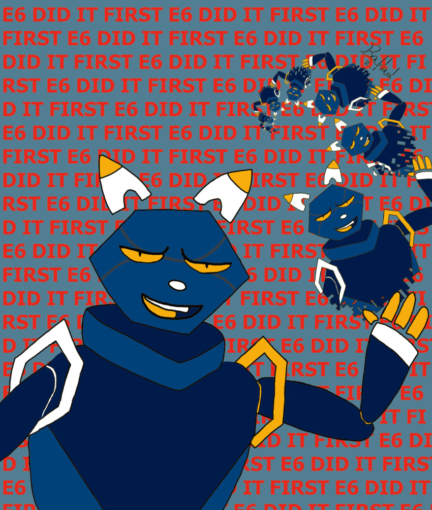 4_fingers ambiguous_gender android anthro background_text balladof8beers blue_background blue_body digital_drawing_(artwork) digital_media_(artwork) e621 esix fingers flat_colors floating_ears hexagon hi_res machine mascot multicolored_ears narrowed_eyes recursion robot simple_background solo teeth text white_ears yellow_ears yellow_eyes yellow_sclera