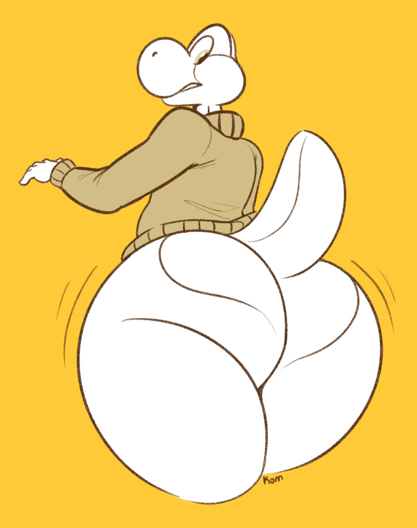 2018 anthro big_butt bottomless brown_clothing brown_eyes butt clothed clothing digital_media_(artwork) dinosaur hi_res huge_butt komdog looking_at_self looking_back male mario_bros nintendo orange_background partially_colored raised_tail rear_view reptile scalie simple_background solo sweater topwear video_games yellow_background yoshi