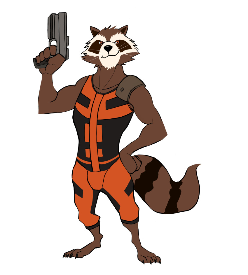 2021 absurd_res anthro brown_body brown_fur clothed clothing darknaigart digitigrade fur guardians_of_the_galaxy gun hand_on_hip hi_res holding_gun holding_object holding_weapon looking_at_viewer male mammal marvel procyonid raccoon ranged_weapon rocket_raccoon simple_background smile smirk solo standing suit weapon white_background