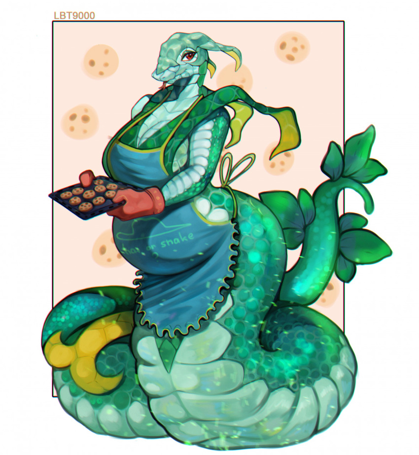 anthro apode baking_tray belly big_belly big_breasts breasts clothing cookie draconcopode female food green_body green_scales handwear hi_res lbt9000 legless mature_female nintendo oven_mitts pok&eacute;mon pok&eacute;mon_(species) pregnant reptile scales scalie serpentine serperior solo tongue tongue_out video_games wide_hips