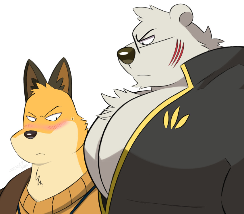 2021 anthro big_pecs blush bodily_fluids canid canine chest_tuft clothed clothing duo eyewear fox fur fuyuki_yamamoto_(odd_taxi) girl_staring_at_man's_chest glasses hi_res jacket looking_at_another looking_at_muscles male mammal meme muscular muscular_anthro muscular_male odd_taxi open_clothing open_jacket open_topwear pecs polar_bear scar sekiguchi_(odd_taxi) shirt simple_background splashburr stare sweat sweatdrop topwear tuft ursid ursine white_background