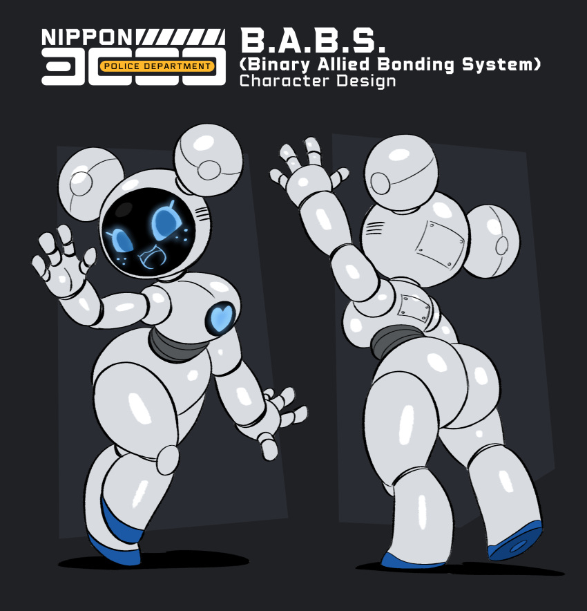 &lt;3 2021 absurd_res b.a.b.s. blue_eyes breasts butt character_name digital_media_(artwork) female freckles front_view glistening glistening_body hi_res humanoid joaoppereiraus machine model_sheet nippon_3000_police_department open_mouth open_smile raised_hand rear_view robot smile solo white_body