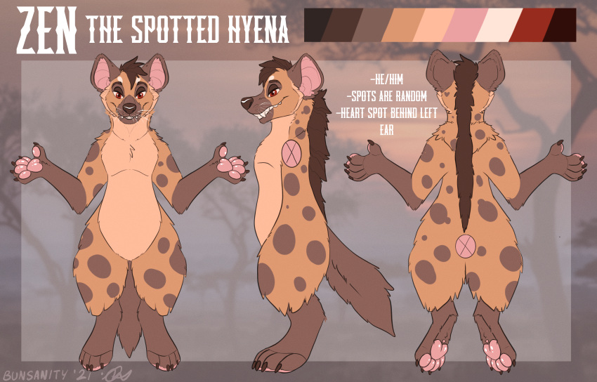 absurd_res anthro bunsanity_(artist) digital_media_(artwork) english_text fur hi_res hyaenid male male/male mammal model_sheet simple_background smile solo text