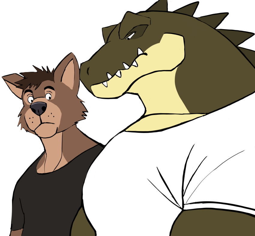 2021 absurd_res anthro canid canine canis clothed clothing crocodile crocodilian crocodylid darknaigart duo fur girl_staring_at_man's_chest hair hi_res looking_at_another looking_at_muscles male mammal meme muscular muscular_anthro muscular_male pecs reptile scales scalie sharp_teeth shirt simple_background stare teeth topwear white_background wolf